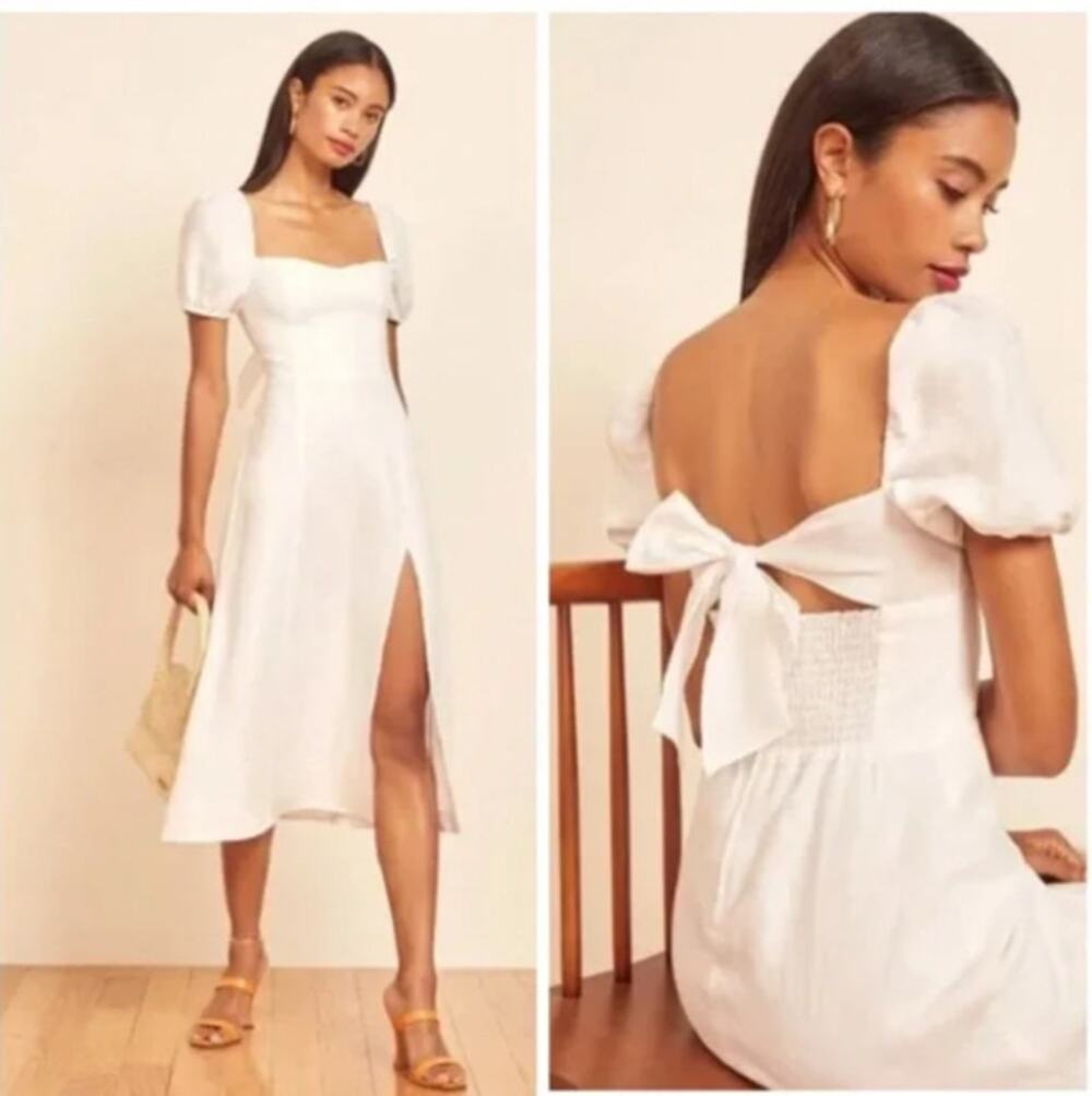 Reformation Denver Linen Puff Sleeve Slit Midi Dress White Bow Smocked Size 4